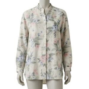 Vintage Sport Savvy Blouse Women Small Floral Button Up Linen Blend Made USA 90s
